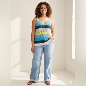 Design 365 XL Crochet Striped Tank Top 100% Cotton Scalloped Hem Boho Beach